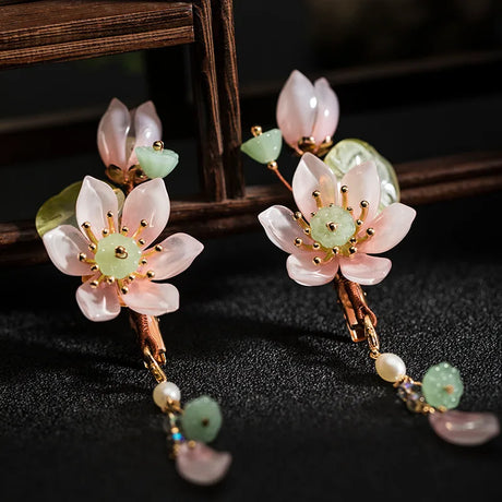 Chinese Hair Clips Girls Hanfu Hair Accessories Green Flower Hairpin Tassel Pearl Headpiece Ancient Party Barrette Head Jewelry