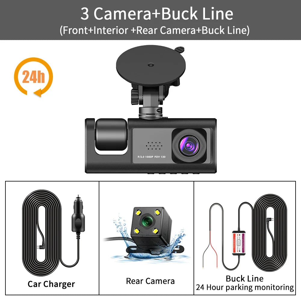 3 Channel Dash Cam Video Recorder Three Lens Car Camera with Rear View DVR 24H Parking Monitor Black Box