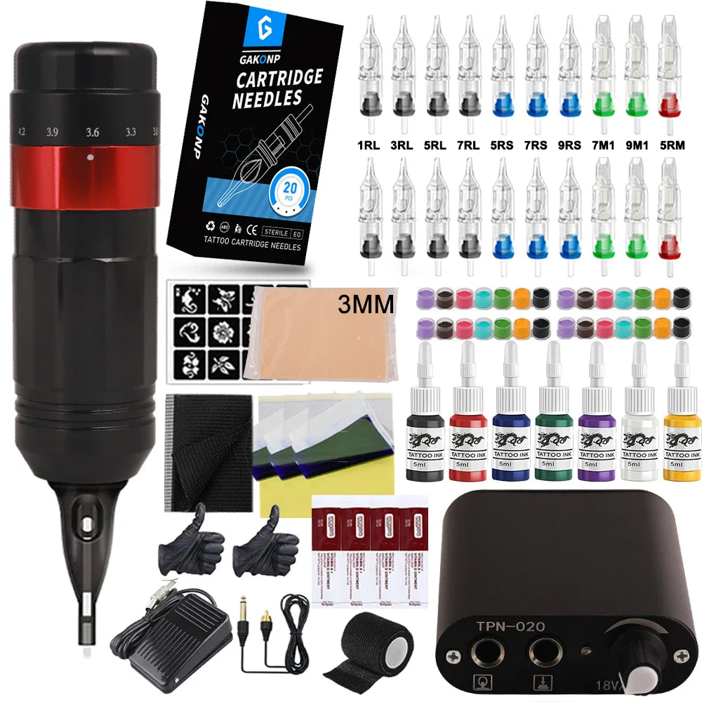 Complete Tattoo Machine Pen Kit Rotaty Tattoo Pen Set with Needle Stroke Adjustable 2.4-4.2mm with Digital Display Power Supply