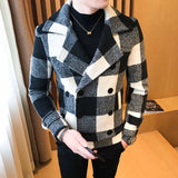 2023 Spring New Men's Slim Suit Coat British Fashion Plaid Coat Double Breasted Casual Woolen Coat Men's Large Clothing M-5XL