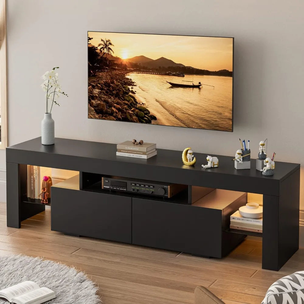 YESHOMY Modern LED TV Stand for Televisions up to 70 Inch with Glass Shelves and Drawer, Gaming Entertainment Center with