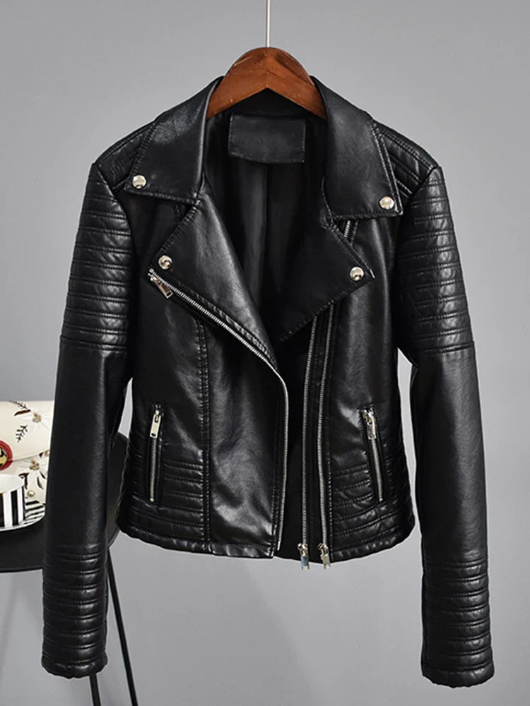 Faux Leather Jacket Women Turndown Collar Pu Motorcycle Black Punk Coat Female Rivet Zipper Outerwear