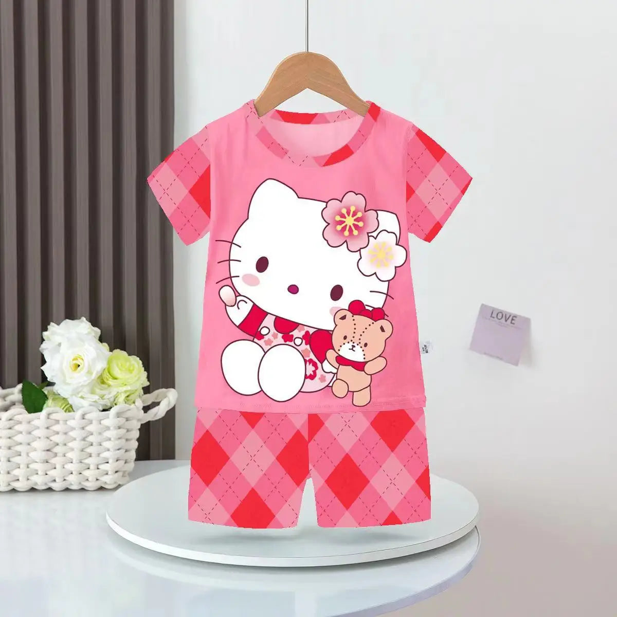 Anime Summer Kids Ice Silk Pajamas Kawaii MyMelodys Kuromis Cinnamorolls Cartoon Short Sleeve Cardigan Loungewear Set