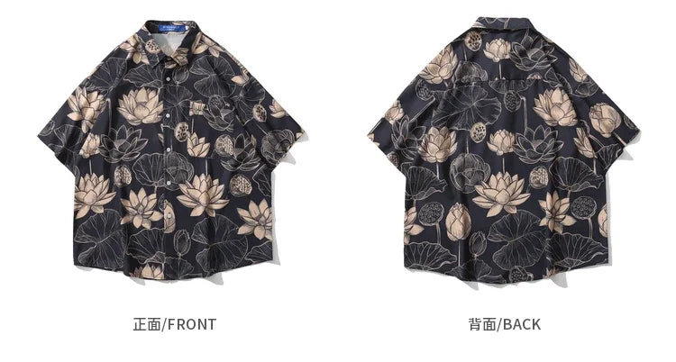 Retro HK Wind Full Printed Short Sleeved Shirts Loose Casual Shirt Jacket Men and Women for Summer