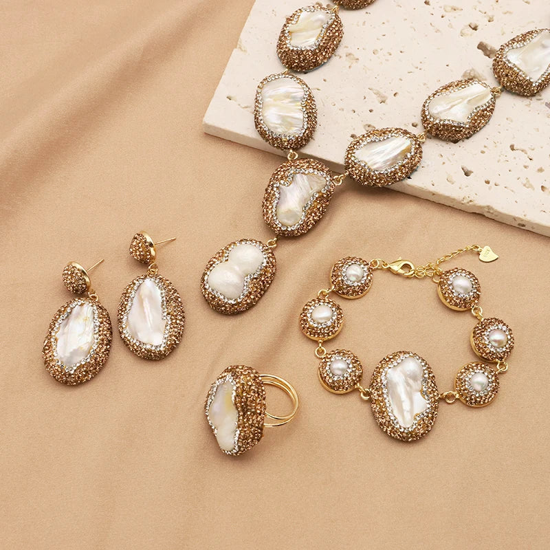 GLSEEVO Natural Baroque Shaped Pearl Women Jewelry Necklace Bracelet Earring Ring Set Rhinestone Inlaid Luxury Dress Jewelry