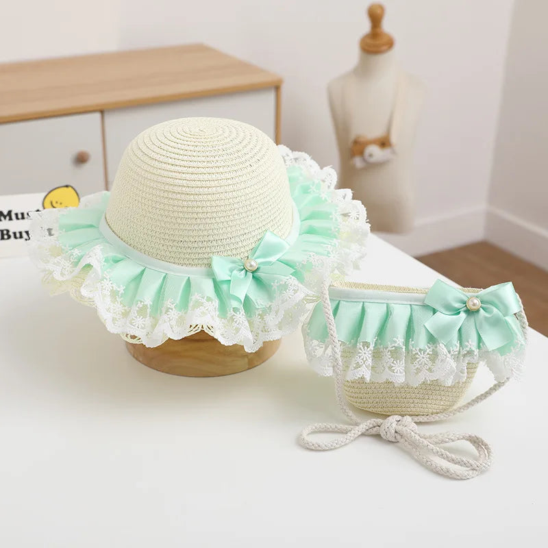 2-8 year old children's sun hat summer new straw bag hat set baby travel sunscreen beach hat sun Bucket hat children's straw hat