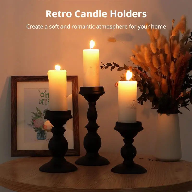 3Pcs Retro Candle Holders Iron Candle Stands 5.3/6.8/9.1 Inches Tall Pillar Candle Holder Set Black Scented Candle Stands Decor