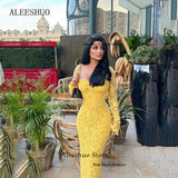 Aleeshuo Arabia Lace Mermaid Prom Dress Sheath Long Sleeves Sweetheart Evening Dress Sexy Illusion Ankle-Length Cocktail Dress