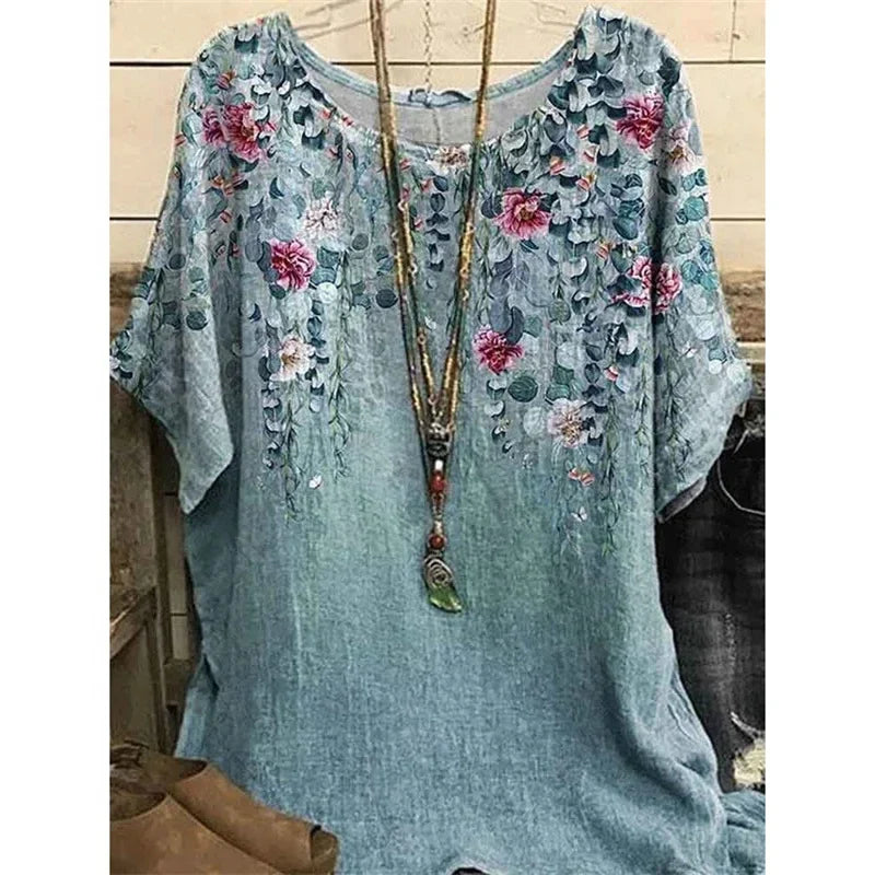 2023 New Round Collar Flower Printing Top Retro Pullover Summer Loose Short Sleeves Plus Size Tee Shirt Fashion T-Shirt S-6xl