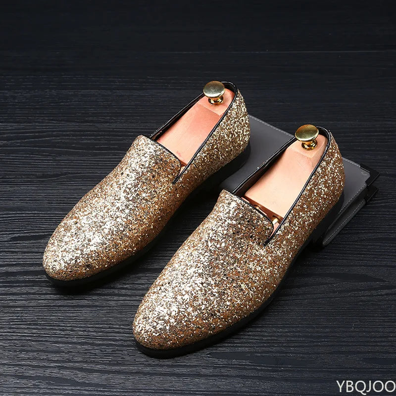 Glitter Branded Shoes Men Designer Luxury Loafers Men Shoes British Style Silver Gold Mens Shoes Casual Big Sizes Zapatos Hombre