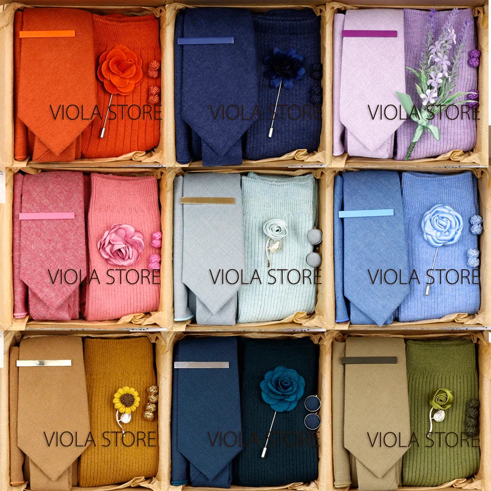 Viola Design 5PCS Gift Box Solid Cotton Sock Tie Sets Clip Pin Cufflinks Hanky Colorful Men Wedding Party Daily Cravat Accessory