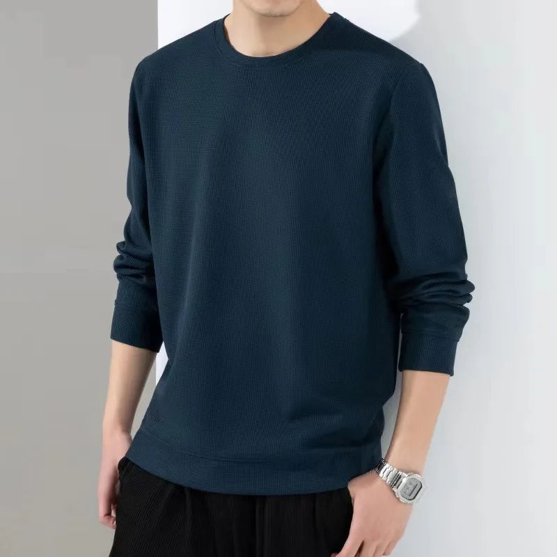 2024 Autumn Hoodies Men New Fashion Casual Slim Fit Waffle Round Neck Sweatshirts Men's Fashion Long Sleeve Undershirts