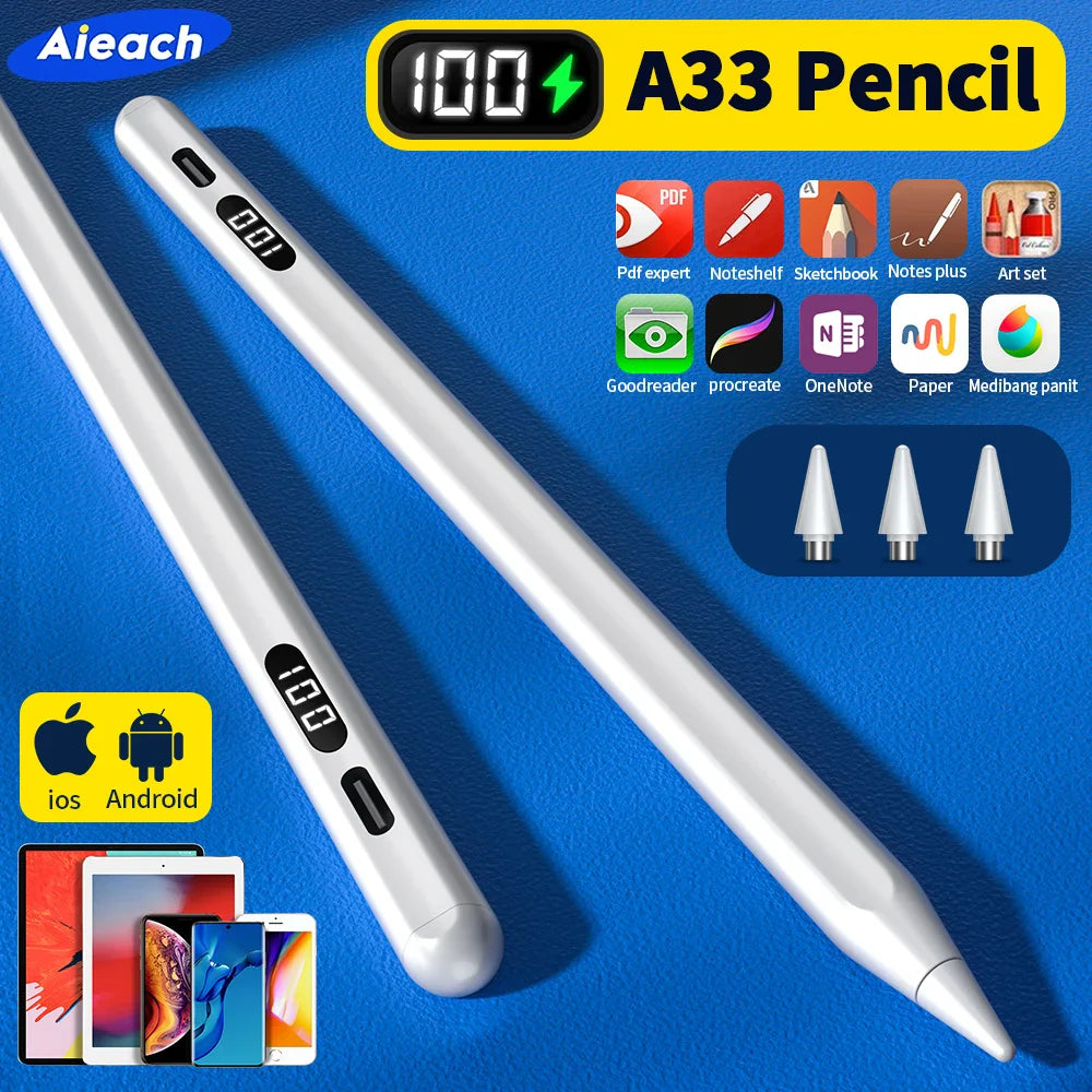 Aieach A33 Stylus Pen For Touch Screens, Touch Pen For iPad Pen Apple Pencil All Android iOS Tablet Phone Pen with Power Display