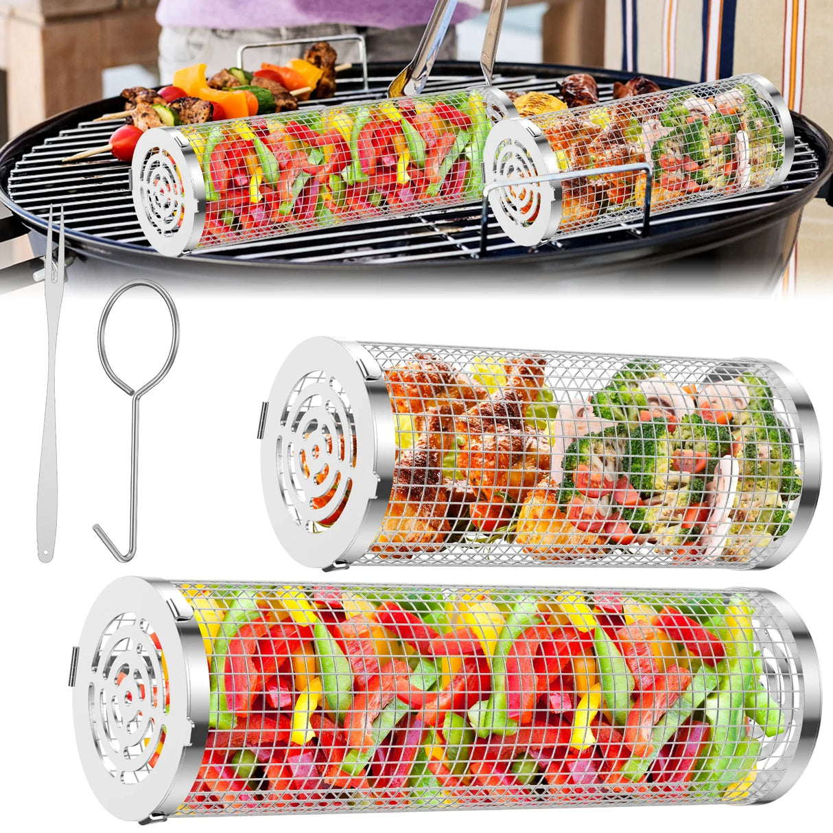 Round Rotisserie Basket BBQ Stainless Steel Mesh Barbecue Rack Washable Grill Oven Camping Picnic Cookware for Grilling Vegetabl