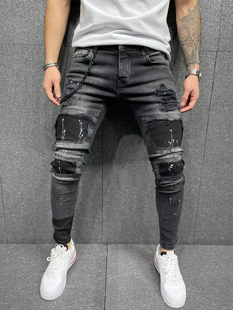 Distress Plaid Patch Holes Streetwear Ripped Skinny Jeans Men Biker Slim Elastic Denim Cargo Pants Y2K Pantalones Hombre Joggers