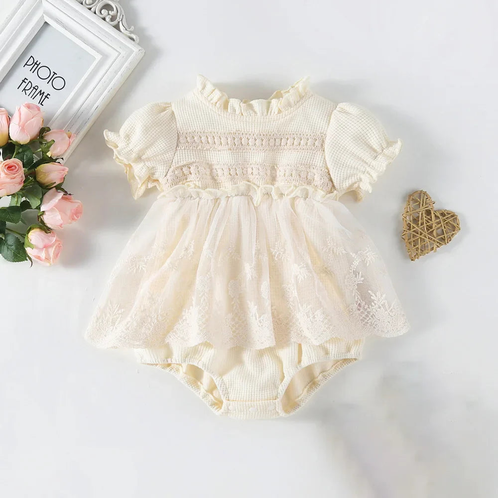 Spring Summer Solid Princess Baby Girl Tutu Skirt Style Bodysuit Toddler Infant Waffle One Piece Lace Party Outfit Play Suit