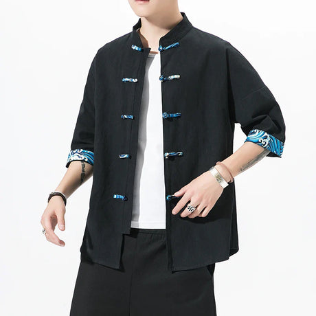 Male New Chinese Style Shirt  Mens Tops Tang Suit Linen Half Sleeve Solid Traditional Kung Fu China Style Hanfu big Size Shirt