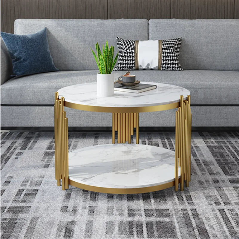 Light luxury style living room central dining table round coffee table double table top rock steel coffee table طاولة قهوة mesa