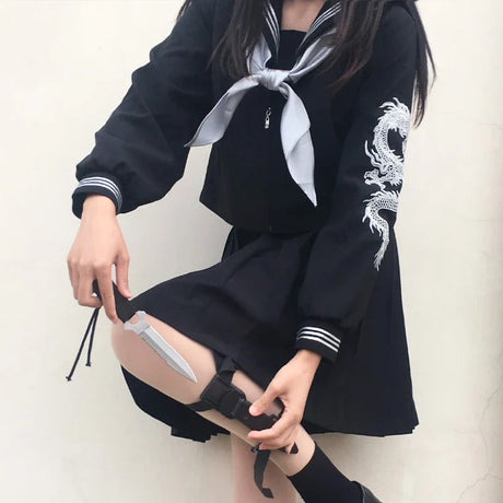 Japanese School Bad Girl Style Uniform Plus Size JK Pink Dragon Black Sailor Basic Cartoon Sailor Uniform Sets Women Girl COS