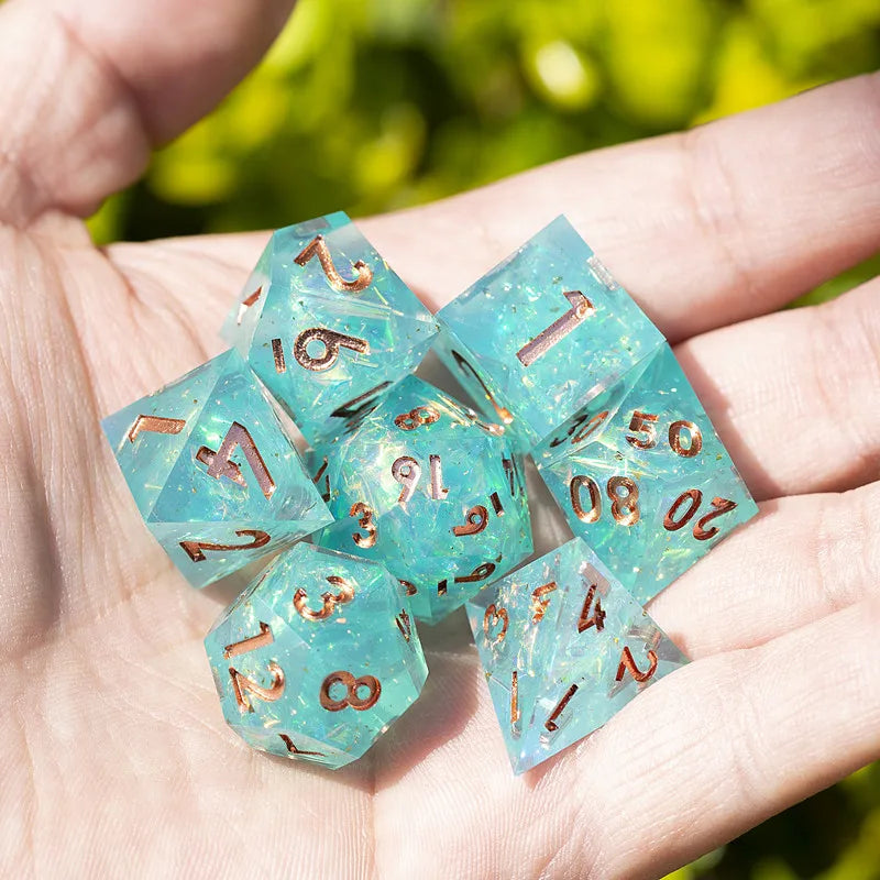 MINI PLANET Resin Dice With Sharp Edge For Dice Set Of 7 pcs Polyhedral Handmade Dice TTRPG Game D&D Dice Box Set