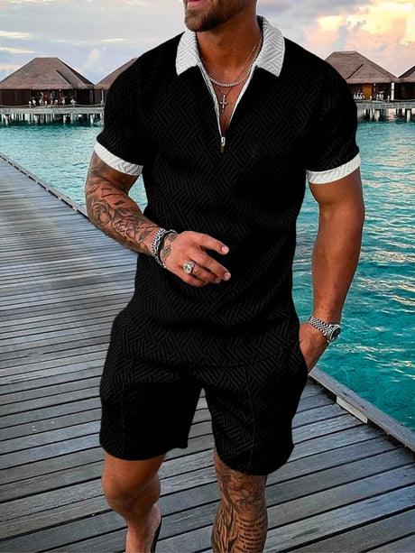 Men's Tracksuit Cotton Solid Color Short Sleeve Zipper Polo Shirt&Shorts Set for Men Casual Streetwear 2-piece Suit 2023 Summer