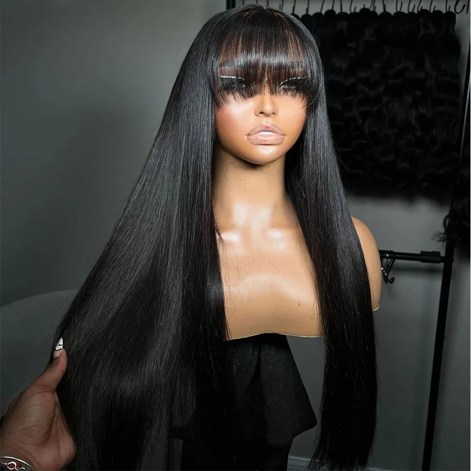 Straight Full Machine Made Bang Wigs Human Hair For Women Glueless 34 inch 3x1 T Part Lace Realistic Look Fake Scalp Brazilian