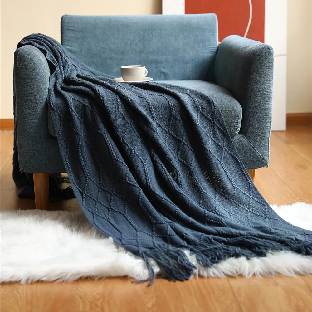 Textured Knitted Throw Blankets with Tassels Cozy Woven Decorative Boho Bed Blanket for Sofa Bed Chair Pattern for All Seasons