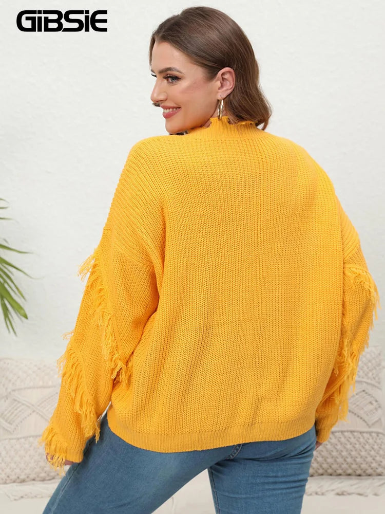 GIBSIE Plus Size V Neck Long Sleeve Pullover Knitted Casual Sweater Women 2023 Autumn Winter Fashion Tassel Knit Jumper Tops