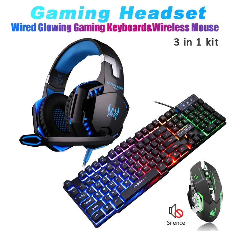 Gaming Wired Keyboard + Wireless Mouse+ Gaming Headset Deep Bass Wired Headphone with MIC for PS5/ PS4/ XBOX/ PC/ Laptop