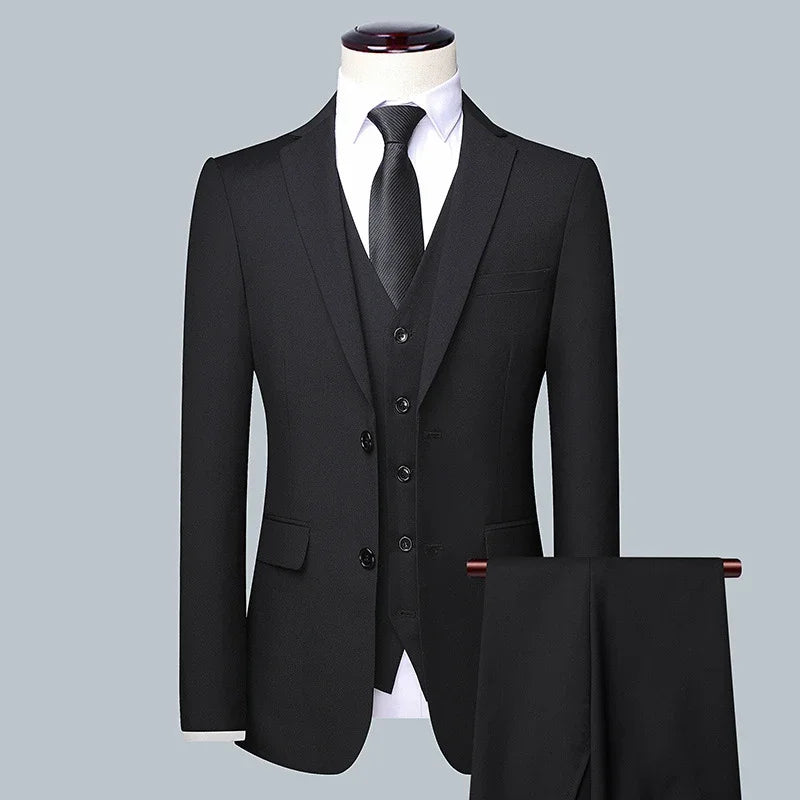 High Quality (Blazer+ Waistcoat + Trousers) Men Simple Business Elegant Fashion Job Interview Gentleman Suit Slim 3-piece Suit