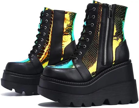 Punk Green Patent Leather Boots For Women Platform Faux Leather Ankle Boots Thick Bottom Fashion