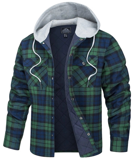 TACVASEN Cotton Flannel Shirt Jacket with Hood Mens Long Sleeve Quilted Lined Plaid Coat Button Down Thick Hoodie Outwear