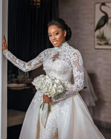 Haute Couture Gorgeous Lvory White Bride Dresses With Heavy Hand Embroidery High Neck Lace Long Sleeves with Satin HemTo Wedding