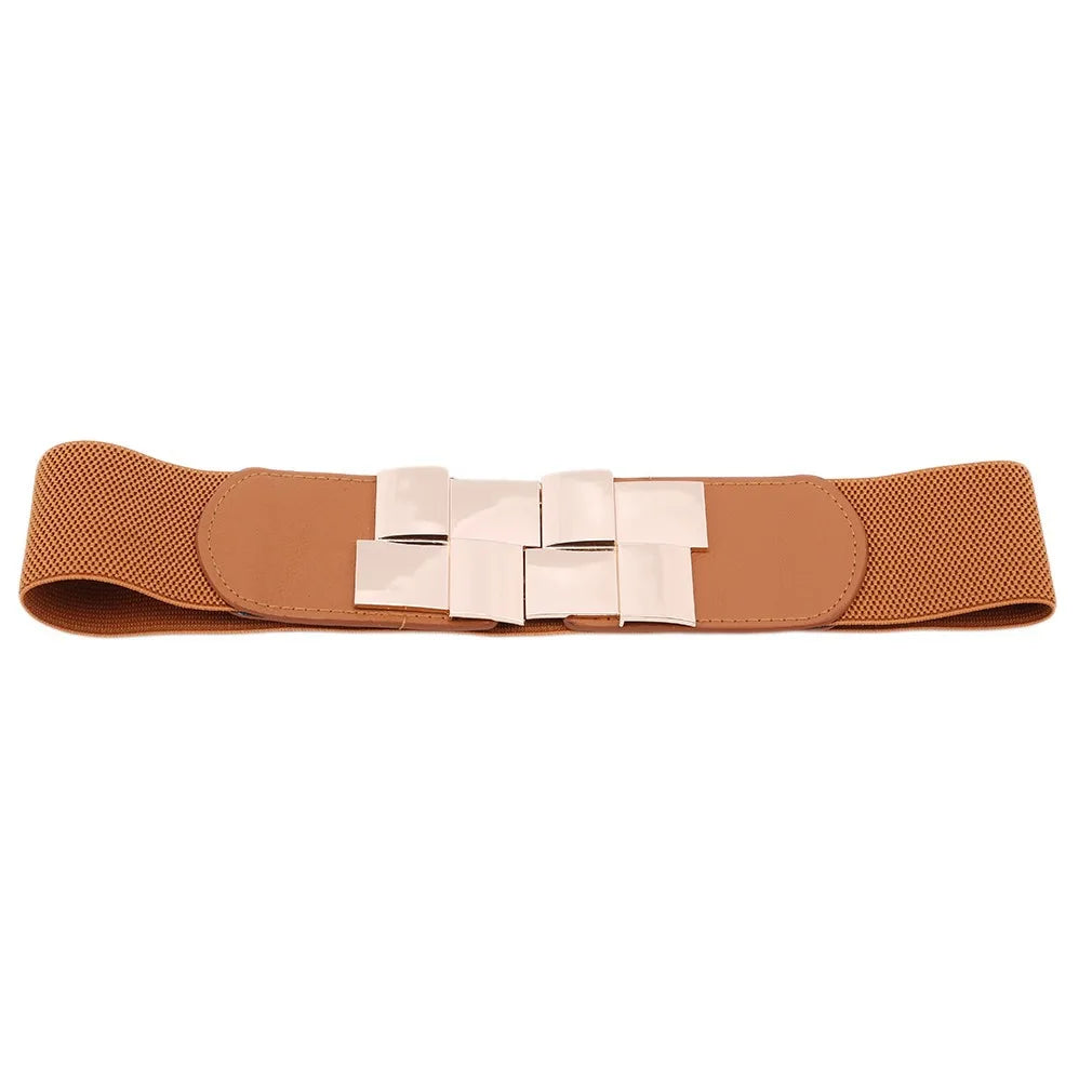 New Women Elastic Waist Closure Wide Belt Gold Square Buckle Dress Decorative Belt Female Self - Cultivation Elastic Band Girdle