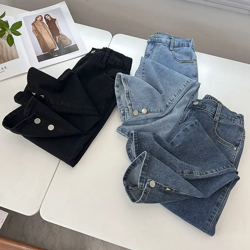 Plus Size Boyfriend Black Drainpipe Jeans For Women HIGH Waist Button Leg Opening Slim Denim Cotton Ankle-Length Straight Pants