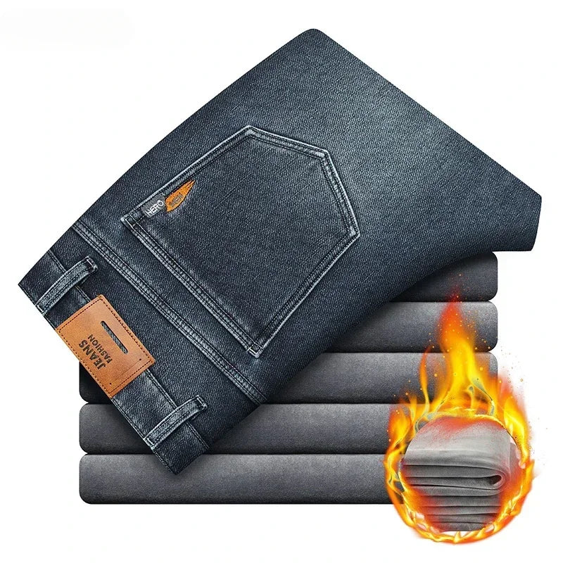 2023 Winter New Men's Warm Baggy Fleece Jeans Long Pants Business Fashion Thicken Trousers Stretch Brand Denim Recreation