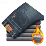 2023 Winter New Men's Warm Baggy Fleece Jeans Long Pants Business Fashion Thicken Trousers Stretch Brand Denim Recreation