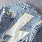 Streetwear Fashion Men Jackets Retro Blue Flash Patch Designer Ripped Denim Jacket Men Coats Embroidery Hip Hop Chaquetas Hombre