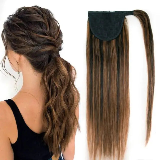 Real Beauty Straight Human Hair Magic Tie Ponytail 100% Remy Human Hair Wrap Around Ponytails Extension for Black Women