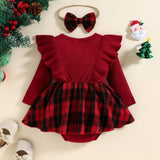 Ma&Baby 0-24M Christmas Girl Red Romper Newborn Infant Baby Knit Ruffle Long Sleeve Bow Jumpsuit Plaid Print Xmas Costumes D01