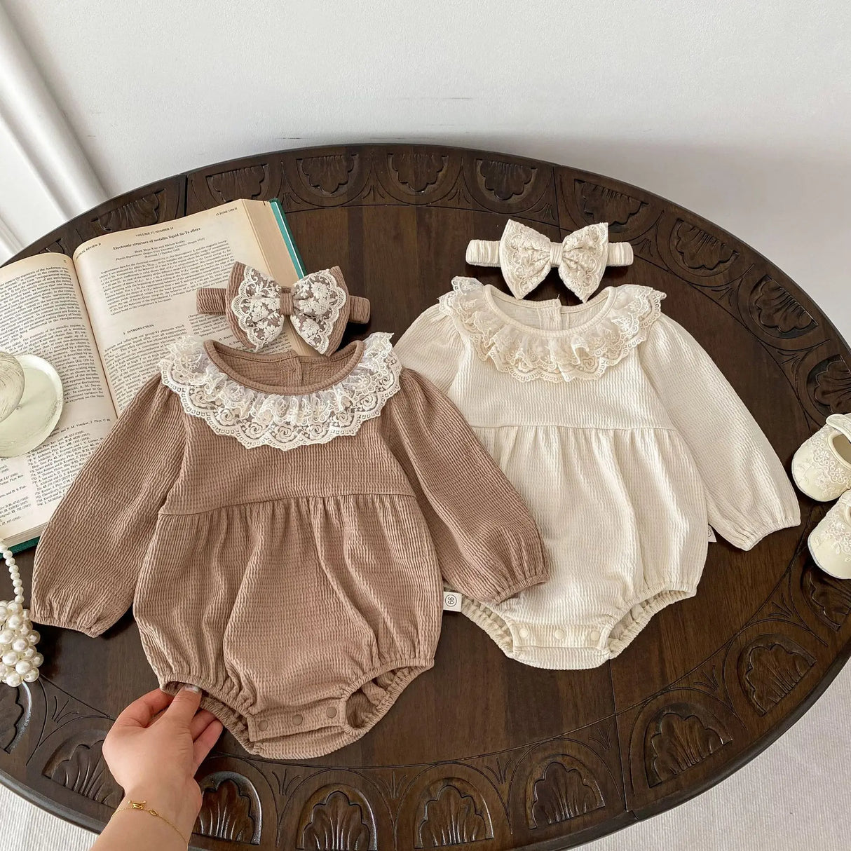 2PCS Spring Lace Collar Waffle Infant Baby Girl Bodysuit With Headband One Piece Romper for Newborns Cute Princess Set Clothing