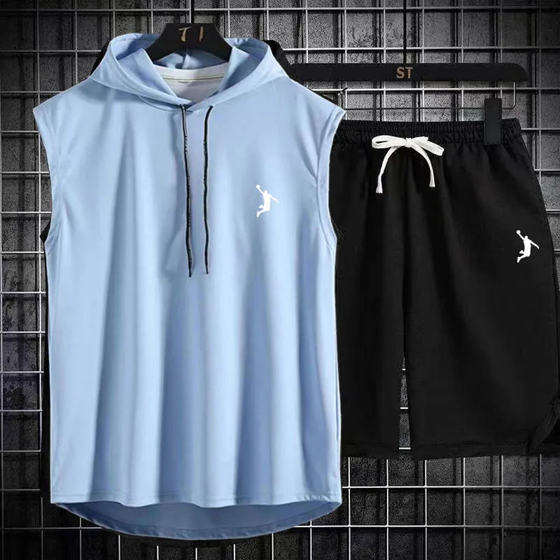 Summer Men's Two Piece Set CasualT-Shirt and Shorts Set Mens Sports Suit Fashion Short Sleeve Tracksuit Hooded T-shirt