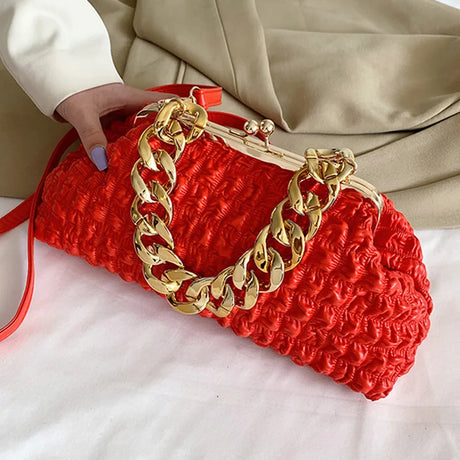 Luxury Brand Women Purple Orange Messenger Bags Shell Clip Thick Chain Ruched Handbags And Purse Prom Clutch Lady Shoulder Bags