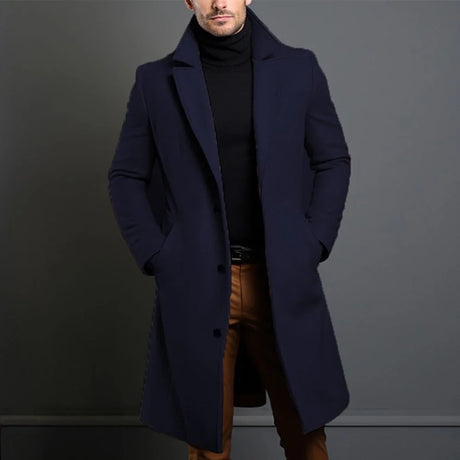 Atutumn Winter Long Warm Wool Trench Coat For Men Solid Color Single Breasted Luxury Wool Blends-Overcoat Tops Coats Clothing