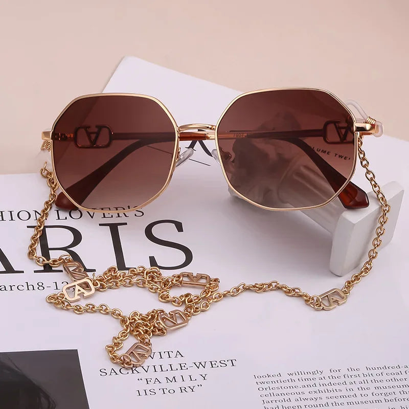 Men Women Punk Sun Glasses Brand Designer Retro Alloy Polygon Sunglasses Women Luxury Shades with A Chain Lanyard Sunglasses