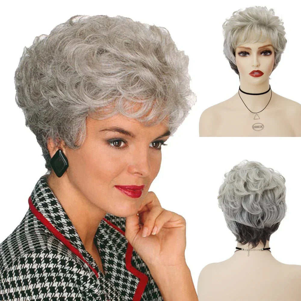 GNIMEGIL Synthetic Short Pixie Cut Wig Women Natural Hairstyle Bangs Wig Blonde Mix Brown Soft Straight Wig for Chemo Patient