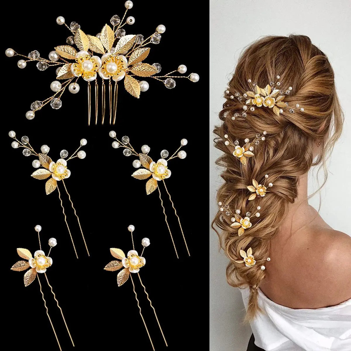 Pearl Flower Hairpin Side Comb Golden Leaf Shaped Alloy Tiaras Wedding Bride Insert Hair Clips Hair Jewelry Bride Headwear