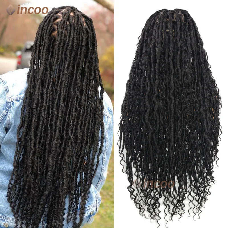 32" Synthetic Full Lace Front Wigs Locs Braided Wig With Curly Hair Pre Pluck Box Twisted Braided Wigs Goddess Boho African Wigs