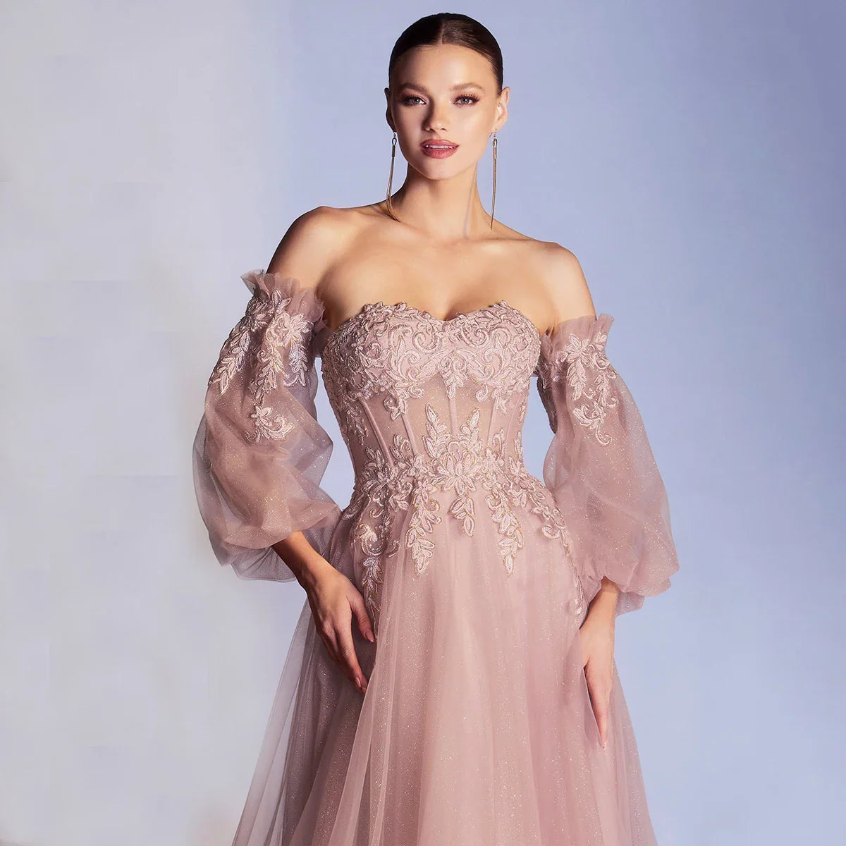 Off the Shoulder Long Blouson Sleeves Glitter Tulle Wedding Dress Strapless Sweetheart Lace Embellished Sheer Bodice Bridal Gown