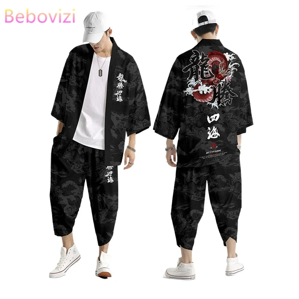 Two-piece Suit Plus Size S-6XL Loose Japanese Cardigan Women Men Cosplay Yukata Clothing Harajuku Samurai Kimono + Pants Sets